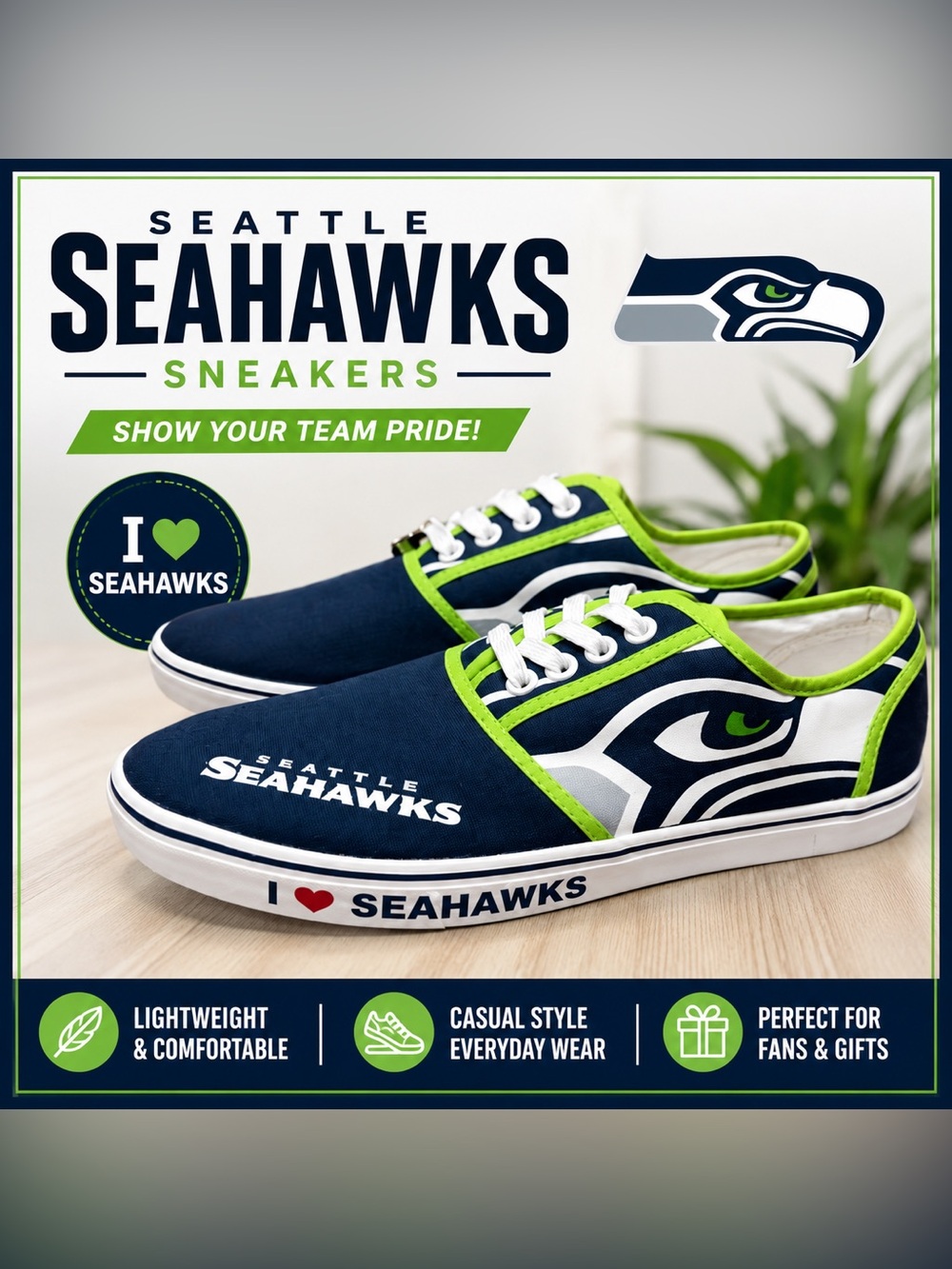 Seattle Seahawks Official NFL Canvas Sneakers | Women’s 8.5
